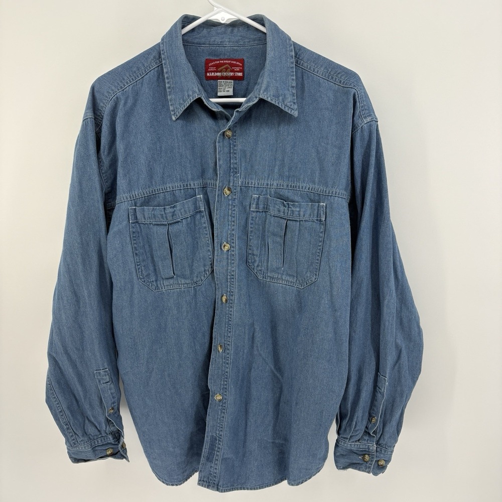 Vintage Marlboro Country Store Denim Shirt Mens L Chambray Workwear Pockets 90s